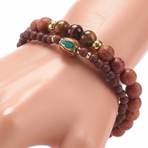 NWOT Tiger eye & Mixed gemstone Stretch Bracelet Stack Set - Handmade Focal Bead - Picture 7 of 7